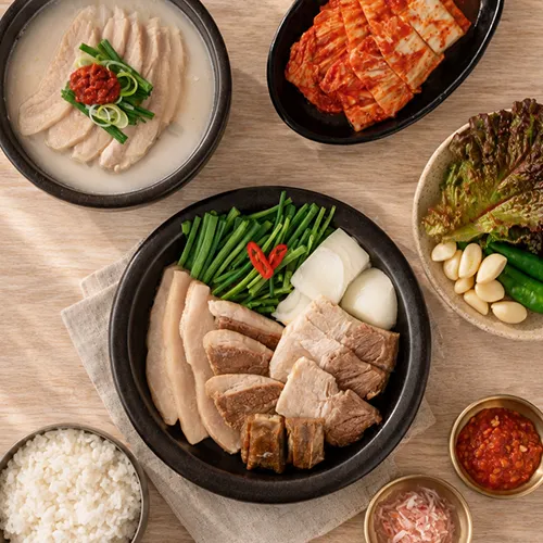 국밥 1그릇과 수육, 김치·쌈채소가 차려진 수변 1인세트